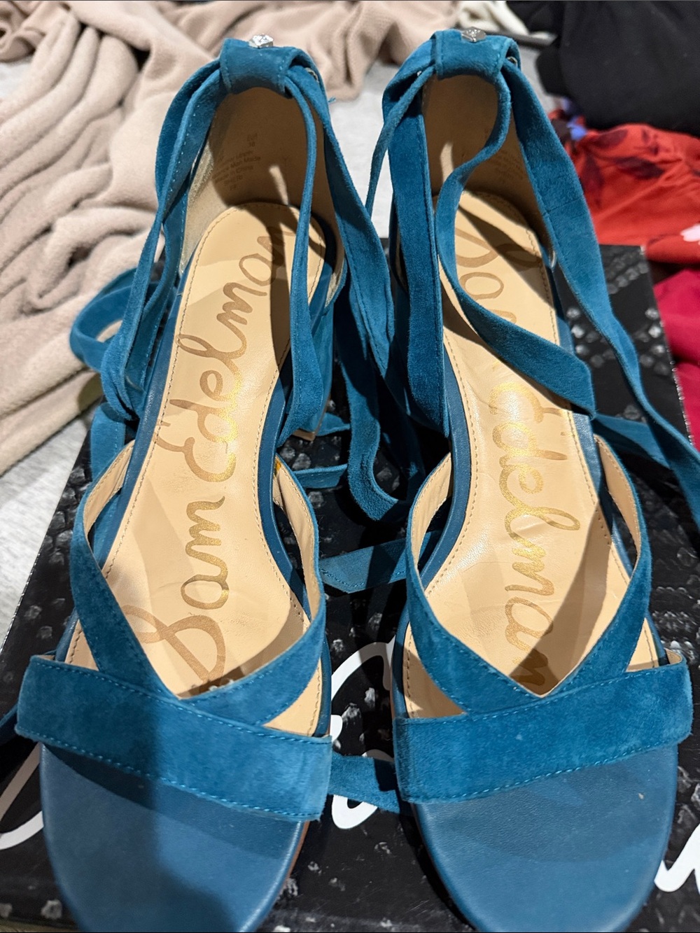 Sam Edelman Teal Suede Lace-Up Wedge Sandals - Picture 4 of 6